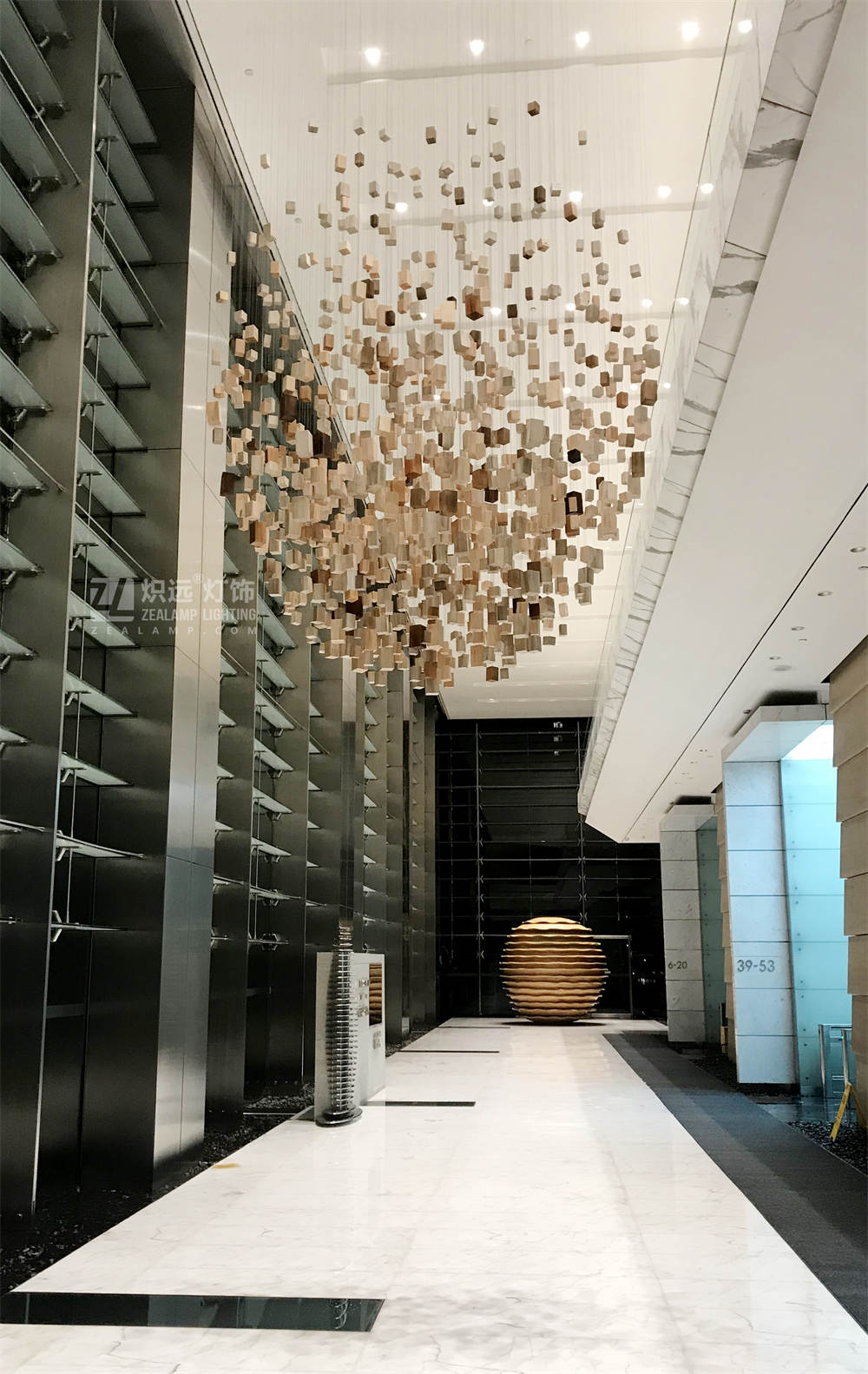 Lobby wooden block installation art