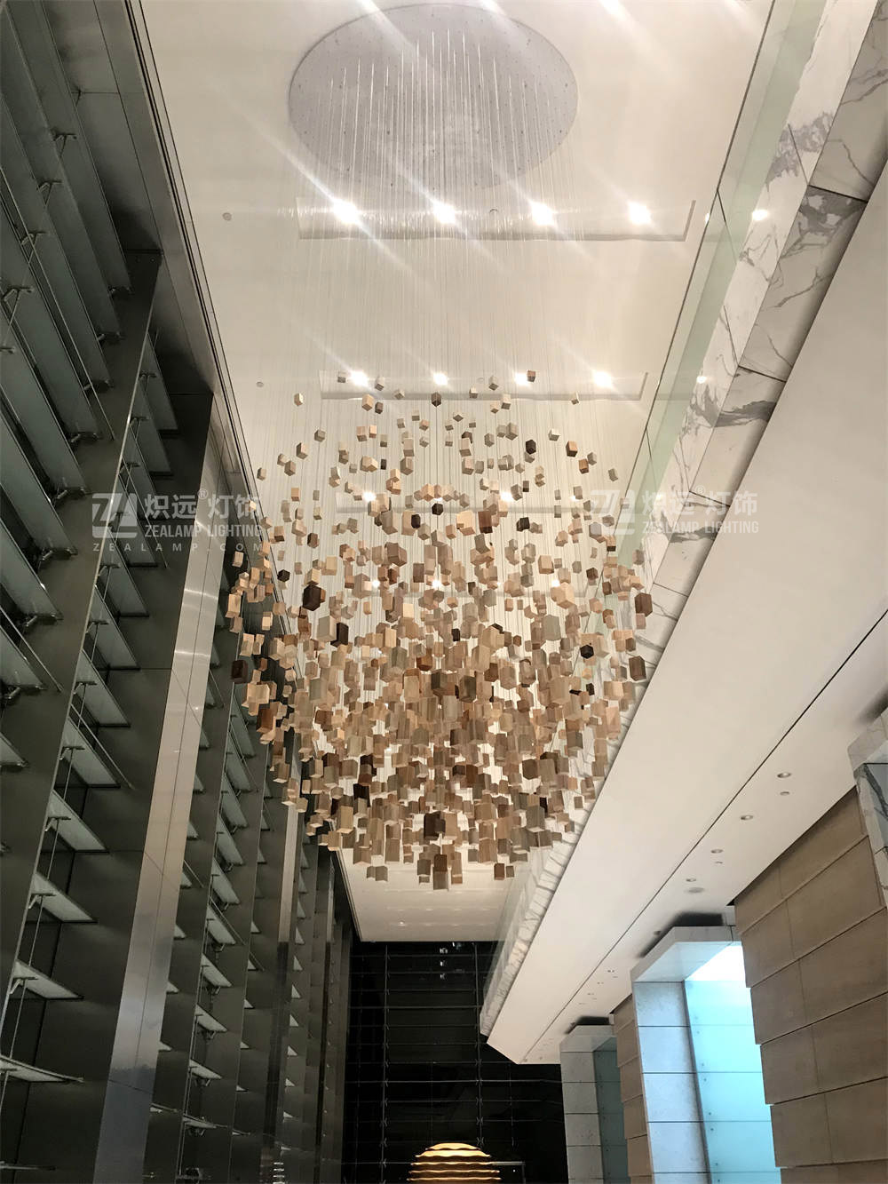 Lobby wooden block installation