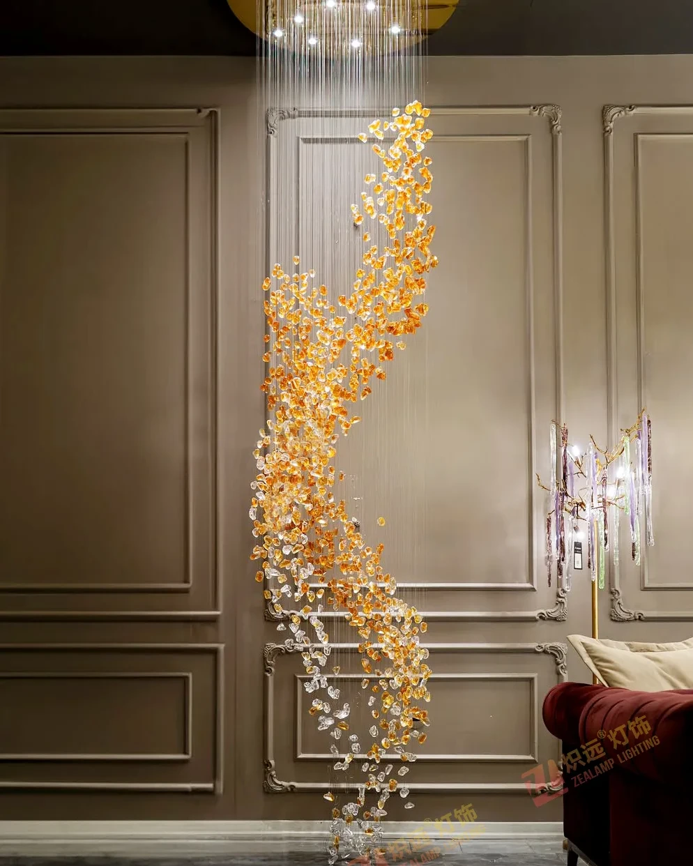 Amber colored glass stone pendant light