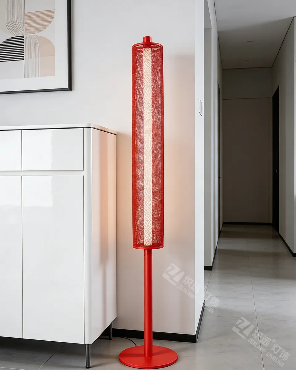 This is a red floor lamp suitable for various scenes such as hotel rooms and living rooms
